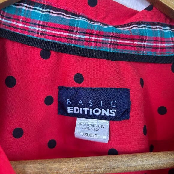 Vintage Basic Editions Red Black Polka Dot Button Up Blouse XXL‎ Sears Cotton - Picture 6 of 11